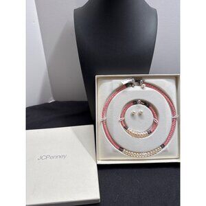 JCPenney 925 Sterling Silver Pink Leather & Freshwater Pearl Necklace Bracelet E